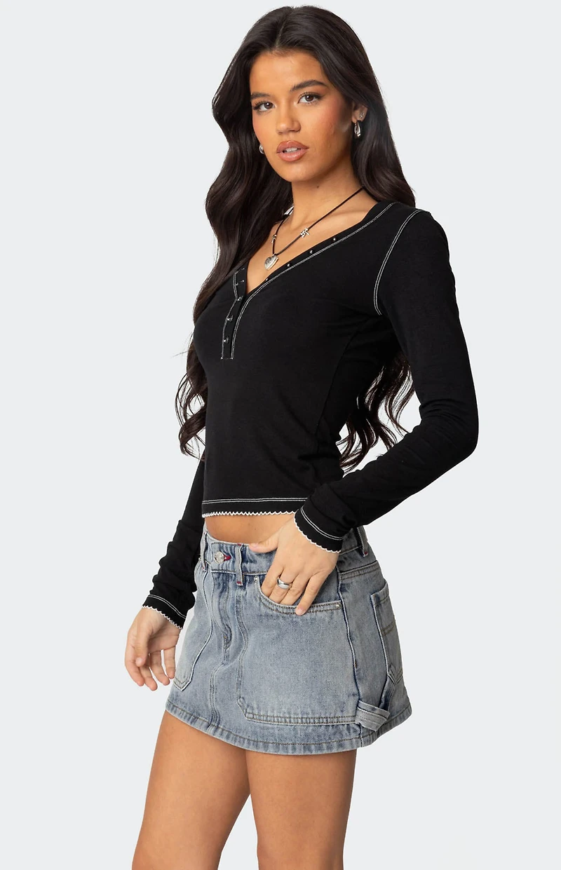Edikted Yael Contrast Stitch Henley Top