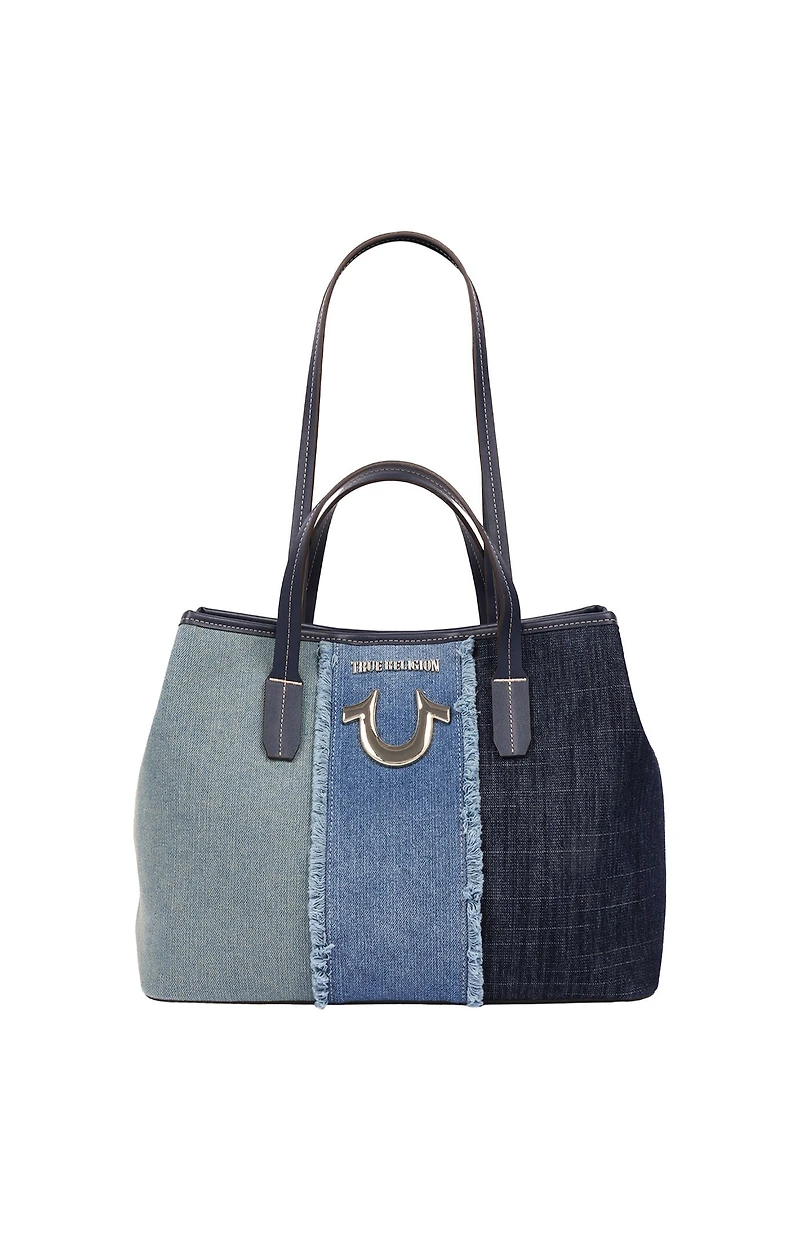 True Religion Frayed Denim Horseshoe Tote Bag