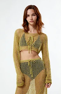 Daisy Street Open Knit Lace-Up Long Sleeve Top