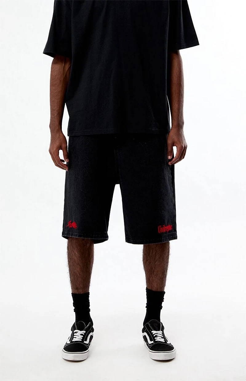 Civil Cyber Core Regime Washed Black Baggy Denim Shorts