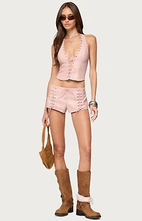 Edikted Elisha Lace Up Faux Leather Shorts