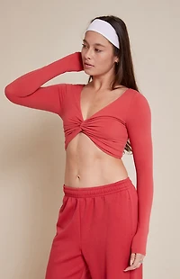PAC 1980 Active Red Twist Front Knotted Long Sleeve Top