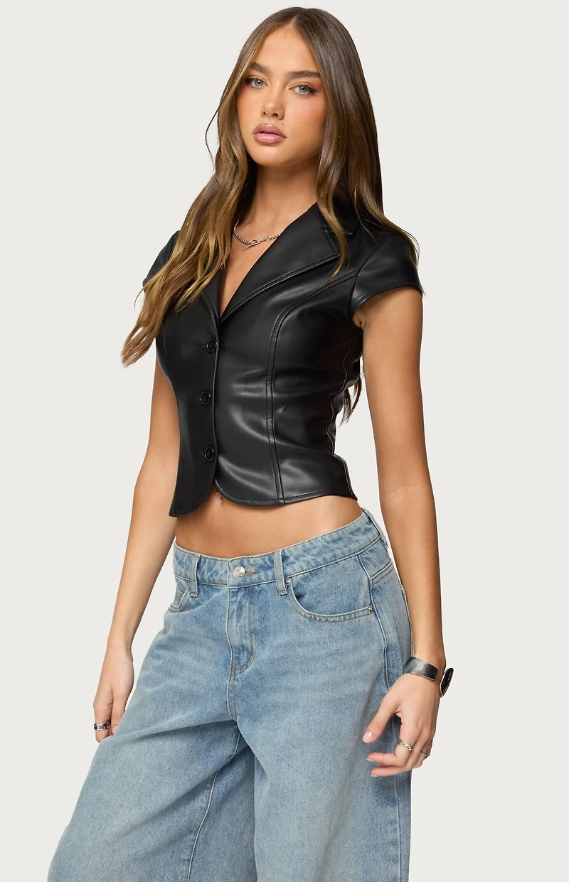 Edikted Faux Leather Tailored Button Up Top