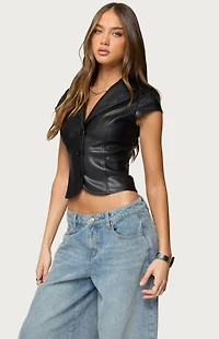 Edikted Faux Leather Tailored Button Up Top