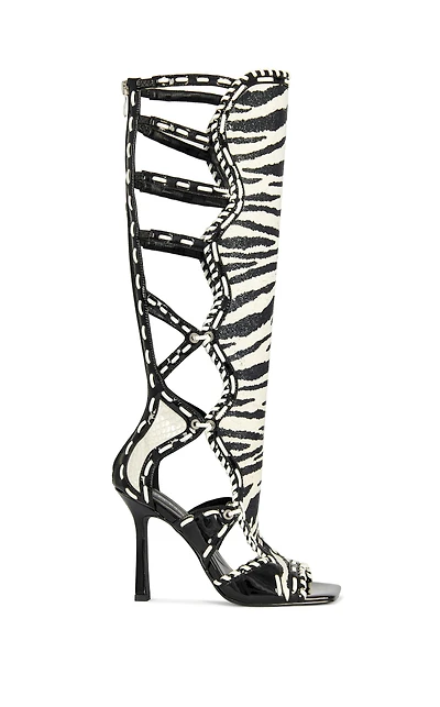 AZALEA WANG Women's Indranihigh Zebra Stiletto Sandal Boots