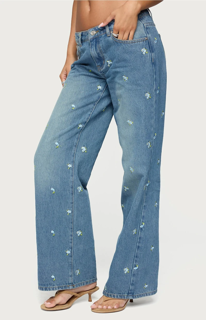 Edikted Edna Floral Embroidered Low Rise Jeans