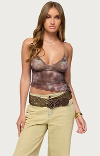 Edikted Embroidered Asymmetric Printed Mesh Top