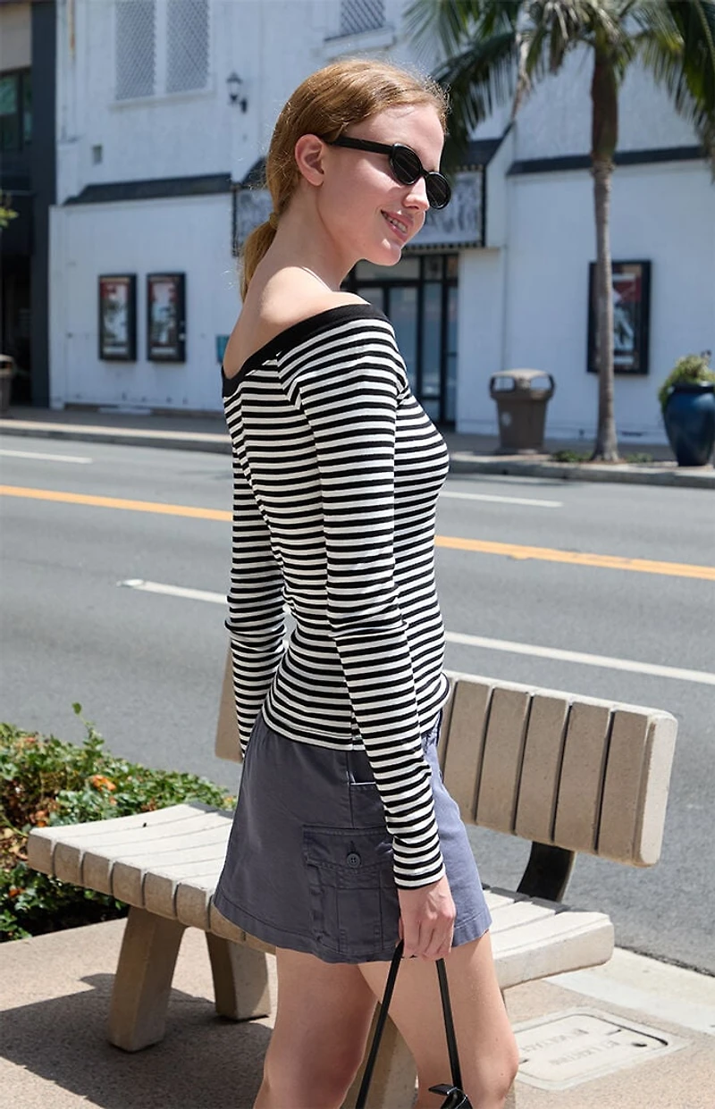 John Galt Black & White Striped Long Sleeve Off-The-Shoulder Top