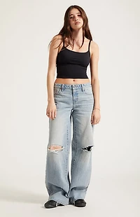 Pacsun Casey Low Rise Baggy Jeans Ripped Knee Light Blue