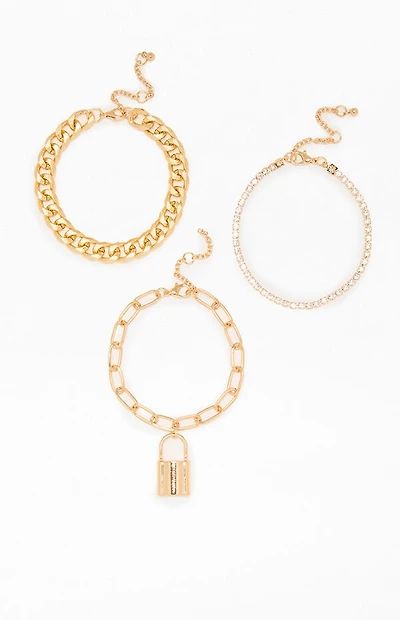 LA Hearts 3 Pack Stacked Lock & Chain Bracelets