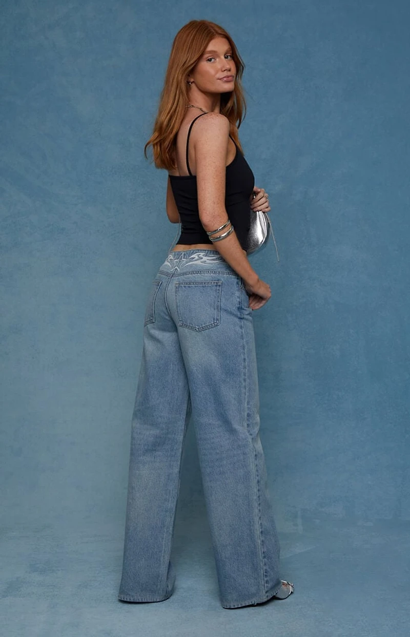 Pacsun Casey Low Rise Baggy Jeans Star Embroidered Light Blue