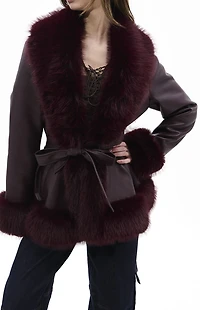 AZALEA WANG Kenzy Burgundy Faux Leather & Fur Belted Coat