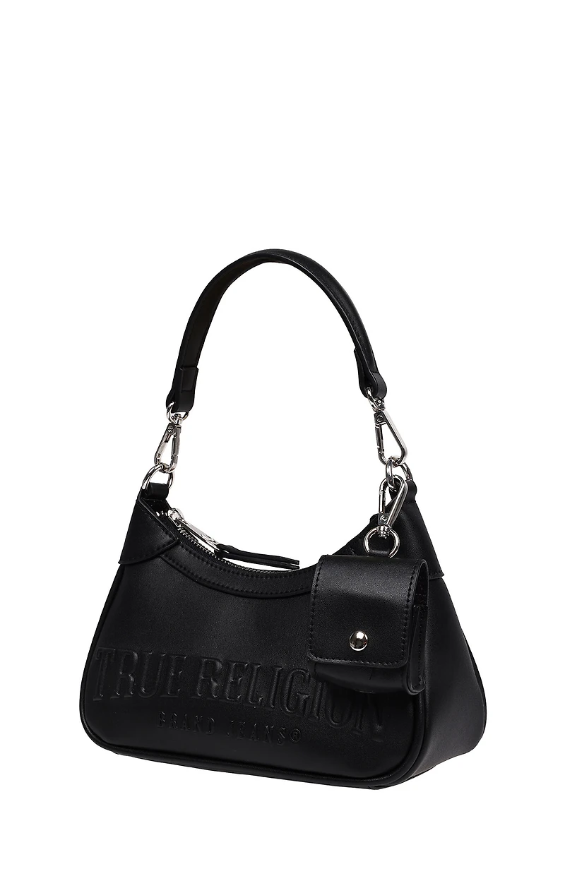 True Religion Black Trapunto Logo Zip Top Hobo Bag