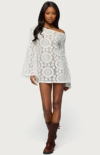 Edikted Off Shoulder Sheer Lace Mini Dress