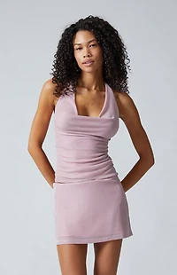 Third Charm Celeste Shine Cowl Neck Halter Top