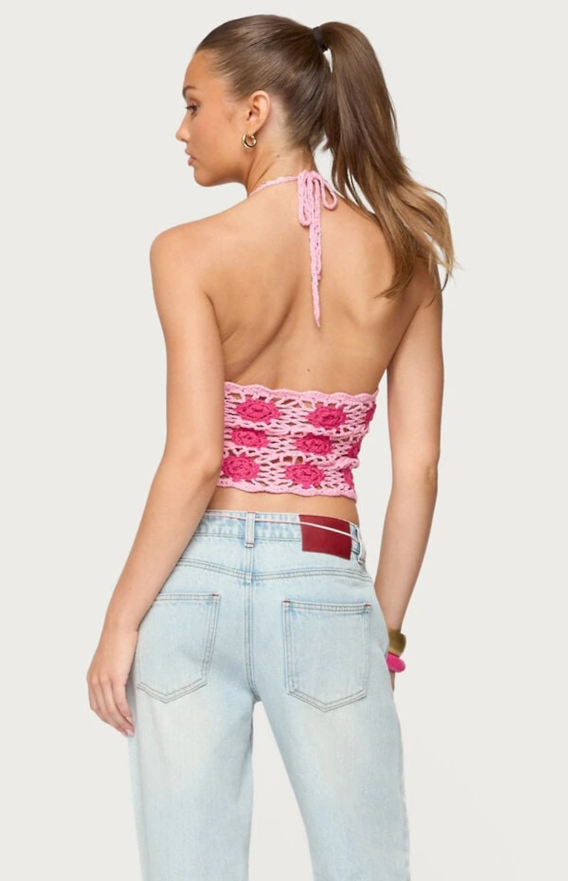 Edikted Contrast Floral Crochet Halter Top