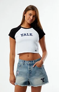 HYPE & VICE Yale Bulldogs High Waisted Relaxed Patched Denim Shorts