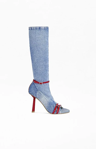 AZALEA WANG Women's Emra Denim Peep-Toe Stiletto Boots