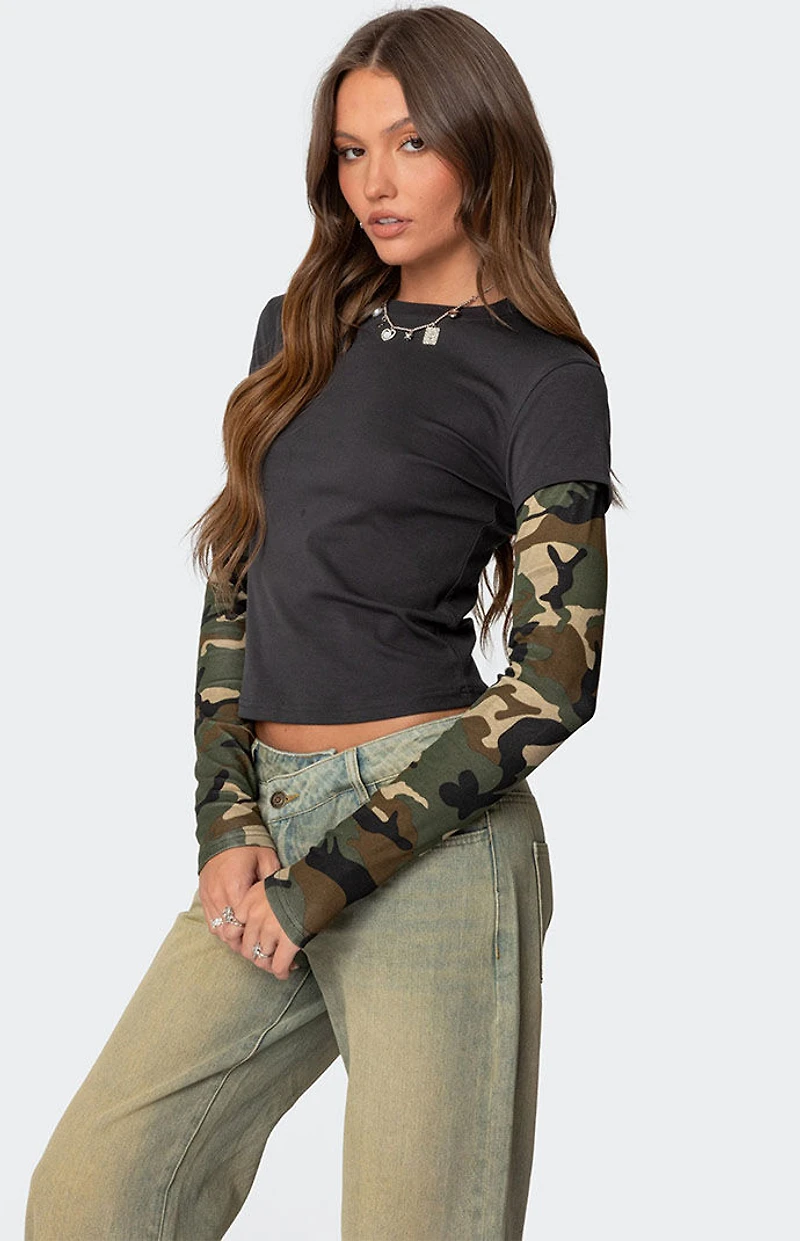 Edikted Camo Layered Long Sleeve T-Shirt
