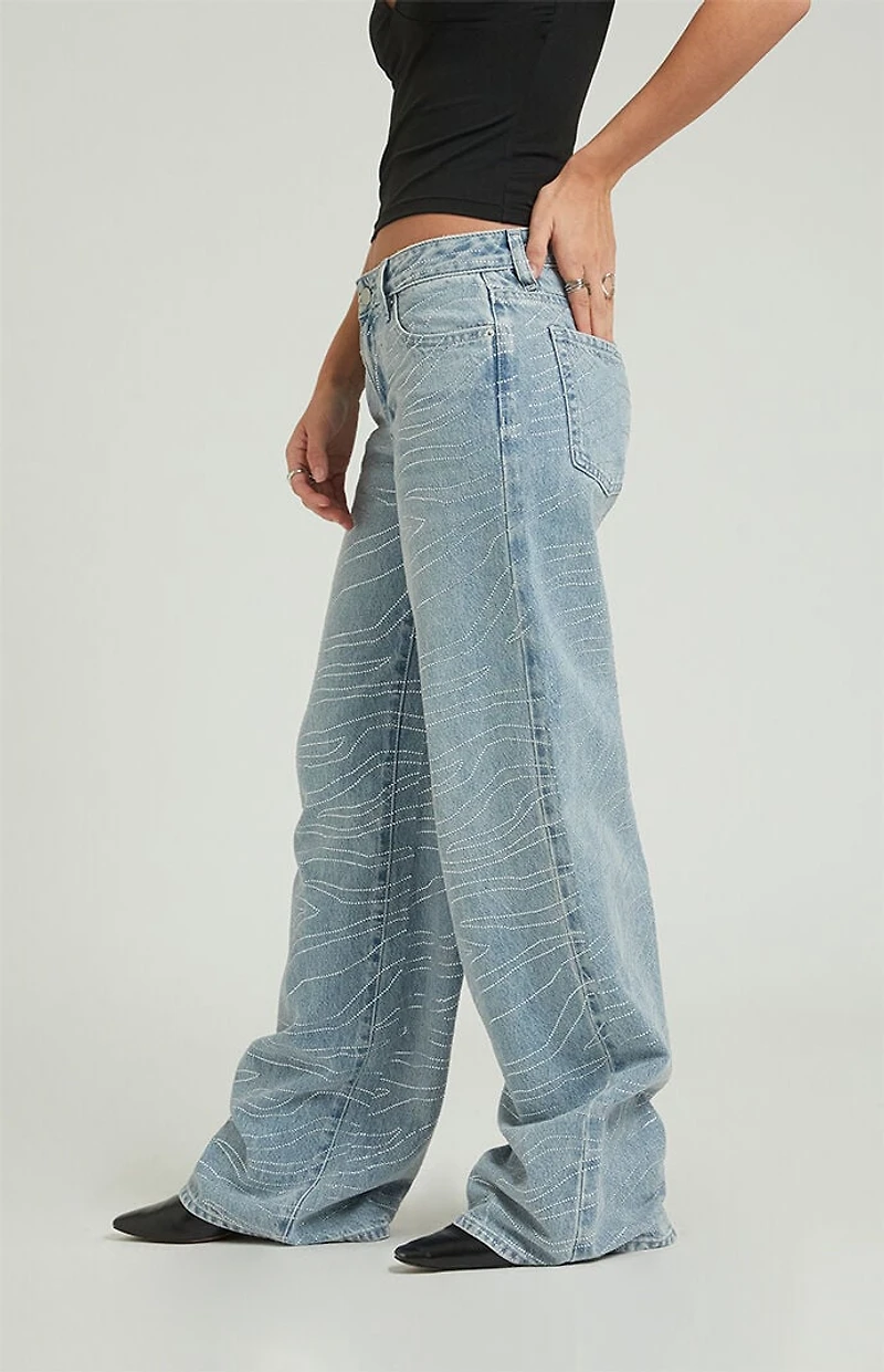 Pacsun Casey Low Rise Baggy Jeans Zebra Rhinestone Light Indigo
