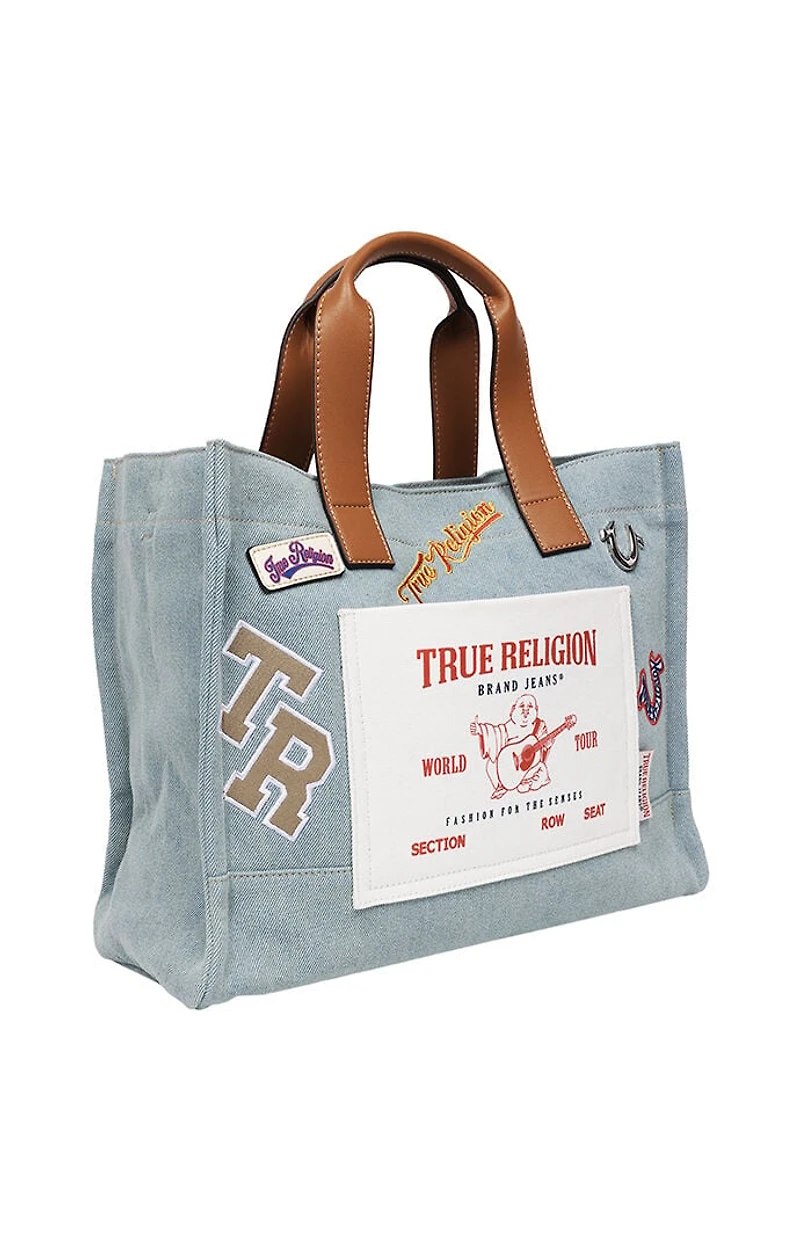 True Religion Andy Denim Multi Patch Medium Tote Bag