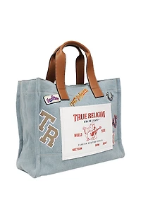 True Religion Andy Denim Multi Patch Medium Tote Bag