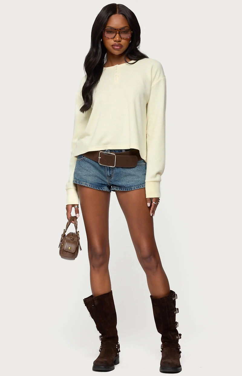 Edikted Deni Long Sleeve Henley Waffle Top