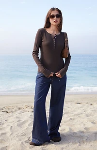 John Galt Brown Athern Snap Button Ribbed Long Sleeve Top