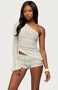 Edikted Yalena One Shoulder Sheer Lace Top