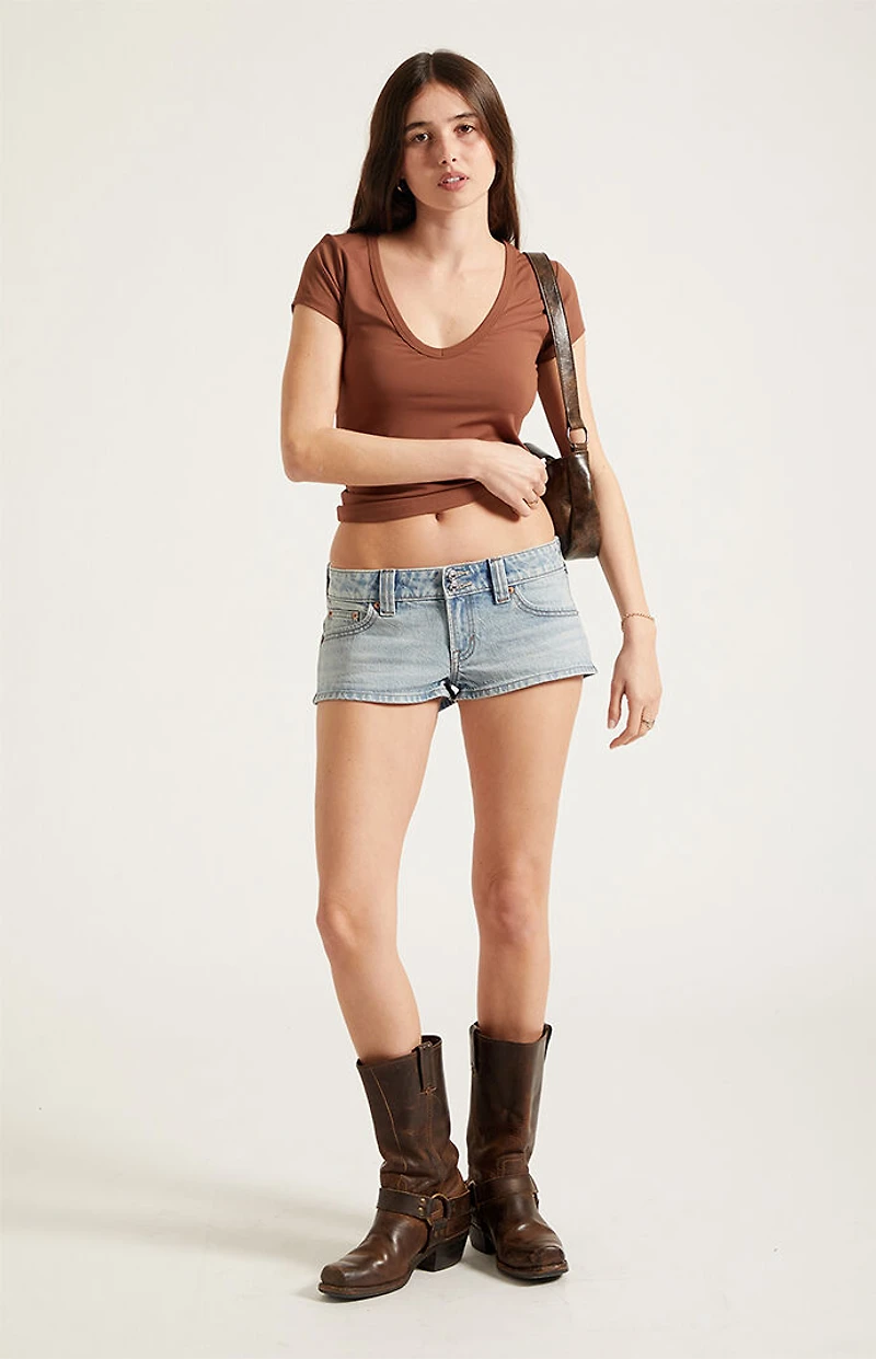 Pacsun Tatum Ultimate Low Rise Denim Micro Shorts Stretch Button Pockets Light Blue