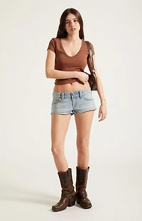 Pacsun Tatum Ultimate Low Rise Denim Micro Shorts Stretch Button Pockets Light Blue