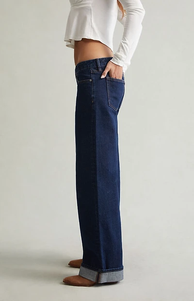 Pacsun Ultimate Low Rise Baggy Jeans Cuffed Dark Blue