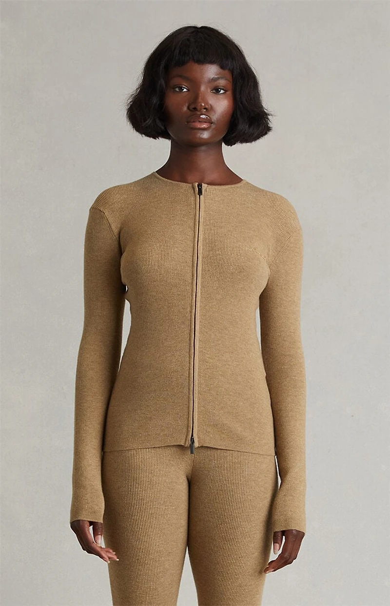 Fear of God ESSENTIALS Women's Dune Signature Ribbed Knit Long Sleeve Zip Up Top