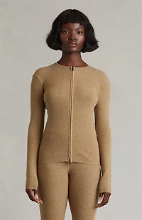 Fear of God ESSENTIALS Women's Dune Signature Ribbed Knit Long Sleeve Zip Up Top