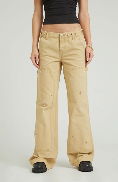 Pacsun Tan Rhinestone Low Rise Baggy Carpenter Pants