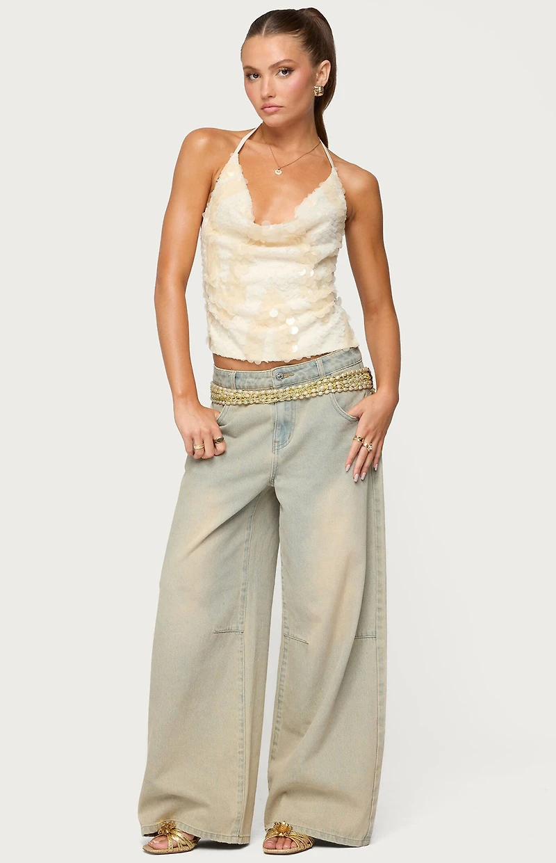 Edikted Reid Backless Sequin Cowl Neck Top