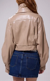 AZALEA WANG Papoose Faux Leather Beige Cropped Jacket