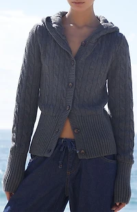 John Galt Olive Cable Knit Button Down Hooded Sweater