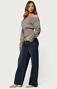 Edikted Carmela Iridescent Button Off-The-Shoulder Sweater