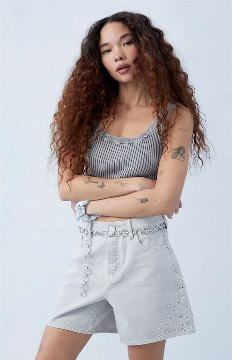 Pacsun Eco Gray Rhinestone High Waisted Relaxed Jorts
