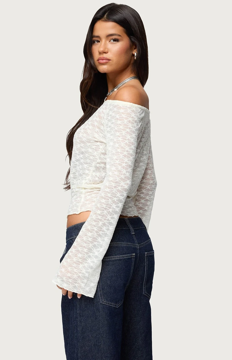 Edikted Alef Sheer Lace Off Shoulder Top
