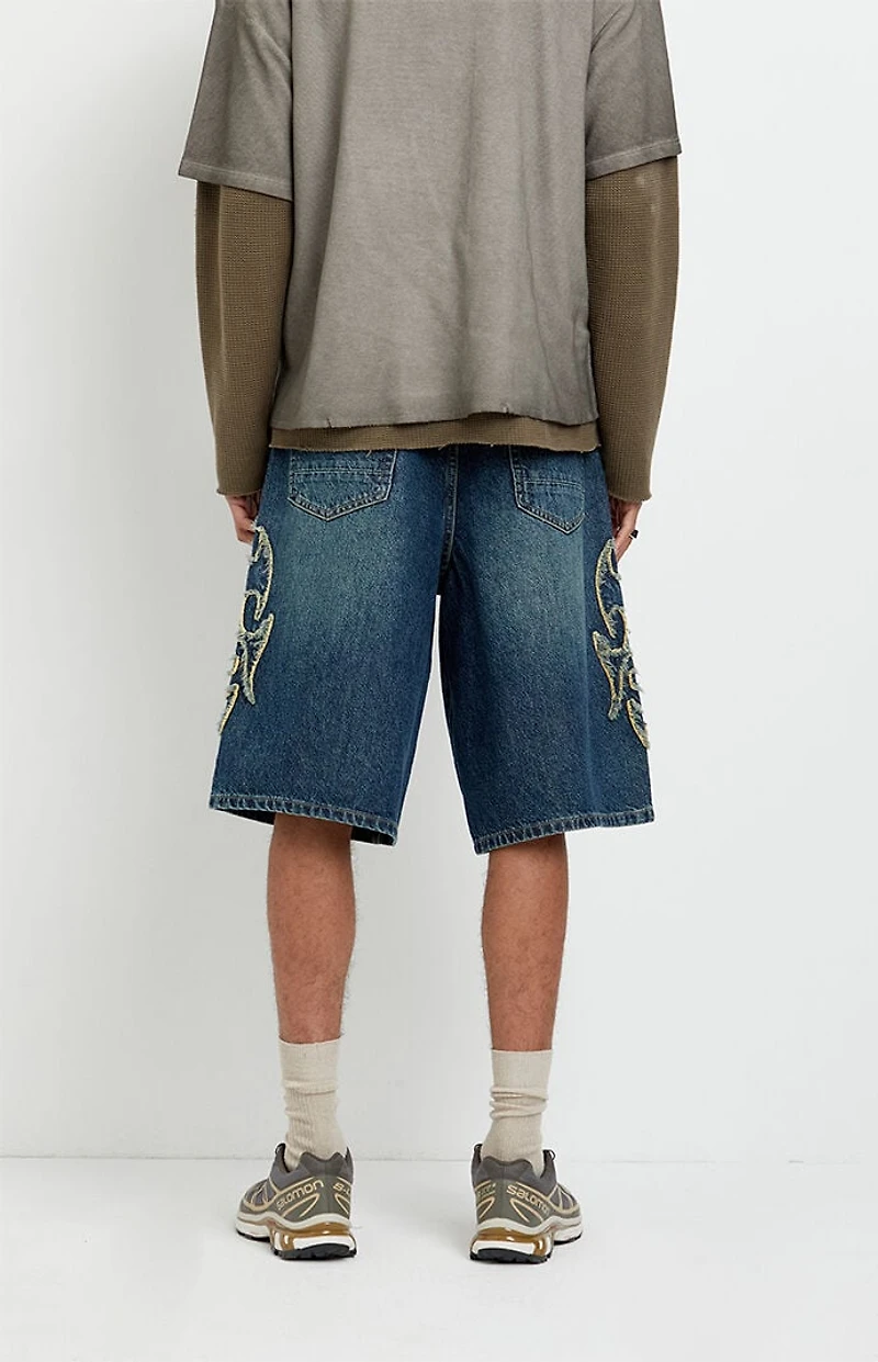 Pacsun Austin Extreme Baggy Jean Shorts Cyber Applique Dark Blue
