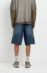 Pacsun Austin Extreme Baggy Jean Shorts Cyber Applique Dark Blue