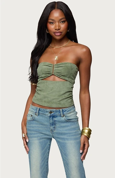 Edikted Kalina Cutout Faux Suede Strapless Top