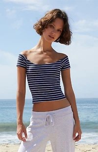 John Galt Blue Striped Mayson Off-The-Shoulder Top