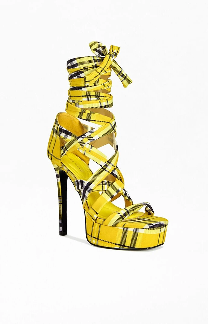 AZALEA WANG Women's Emisha Yellow Plaid Stiletto Platform Sandals