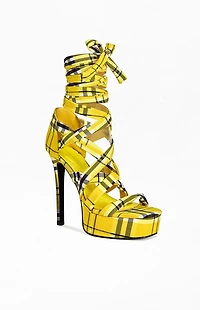 AZALEA WANG Women's Emisha Yellow Plaid Stiletto Platform Sandals