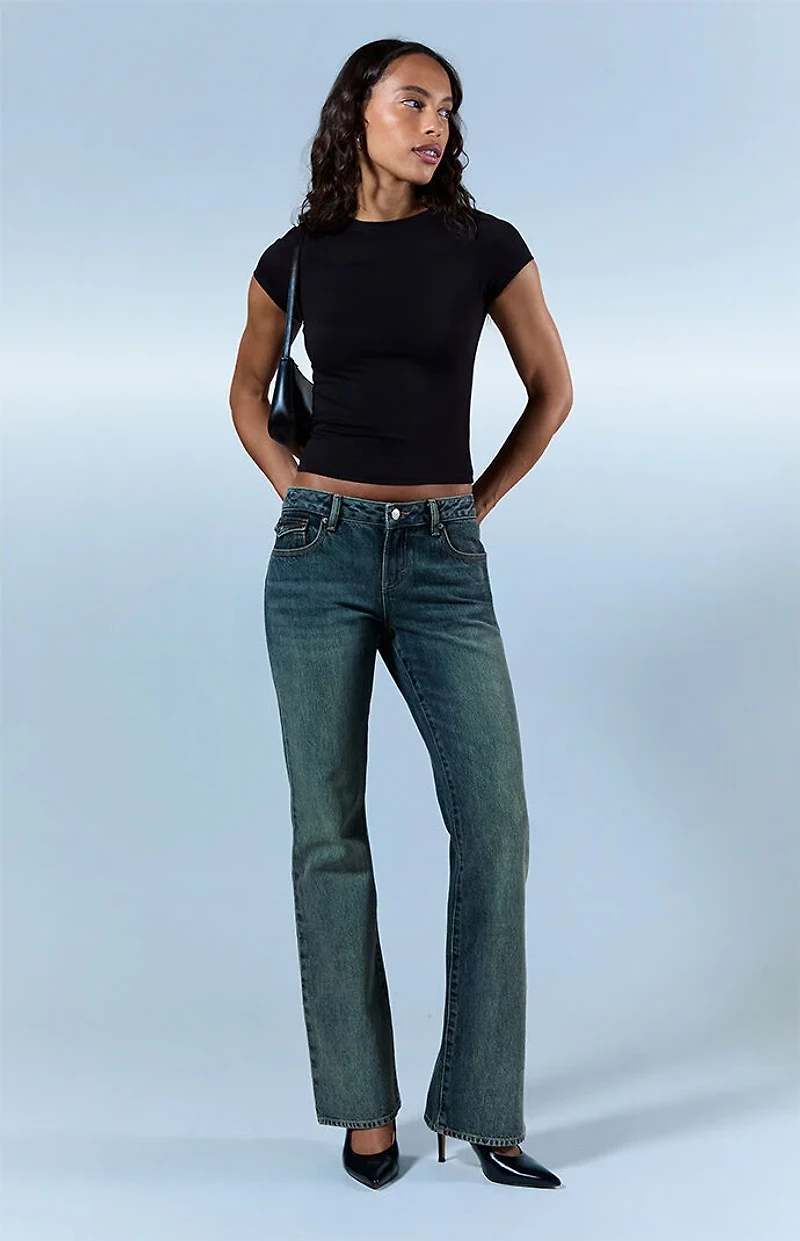 Pacsun Jade Low Rise Bootcut Jeans Button Pocket Dark Blue