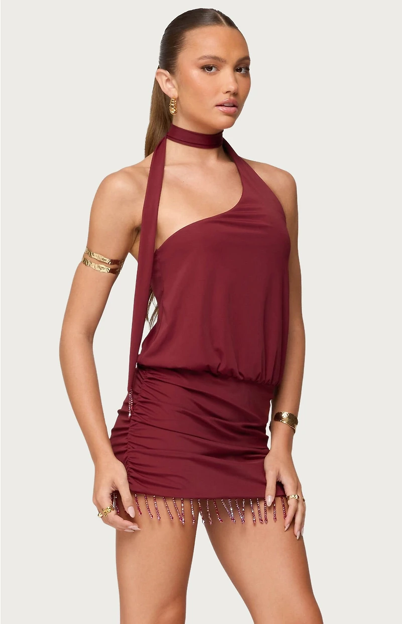 Edikted Danit One Shoulder Fringe Mini Dress