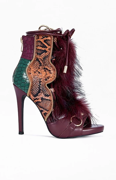 AZALEA WANG Women's Heather Burgundy Faux Fur Stiletto Sandals